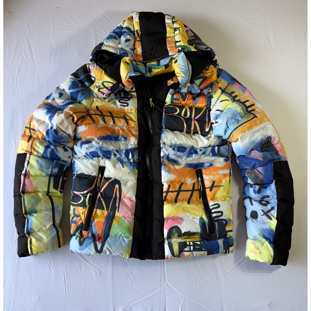 Roku Studio Graffiti Puffer Jacket Mens S Multicolor Hooded Streetwear NWOT